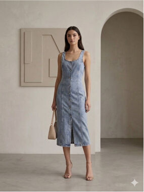 Forever 21 Acid Wash Denim Midi Dress Bodycon Button Up Sleeveless Size XL Smock